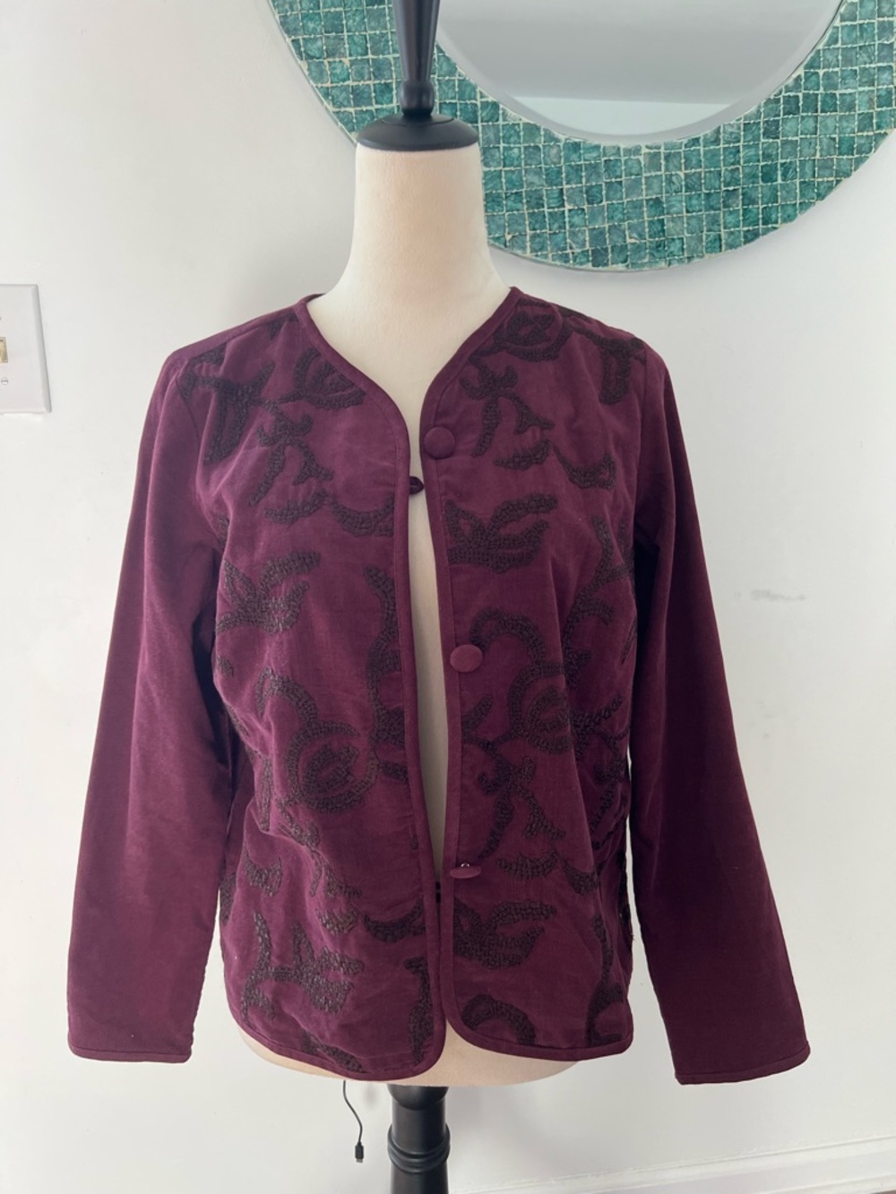 J. Jill Deep Burgundy Embroidered Button-Front Jacket
